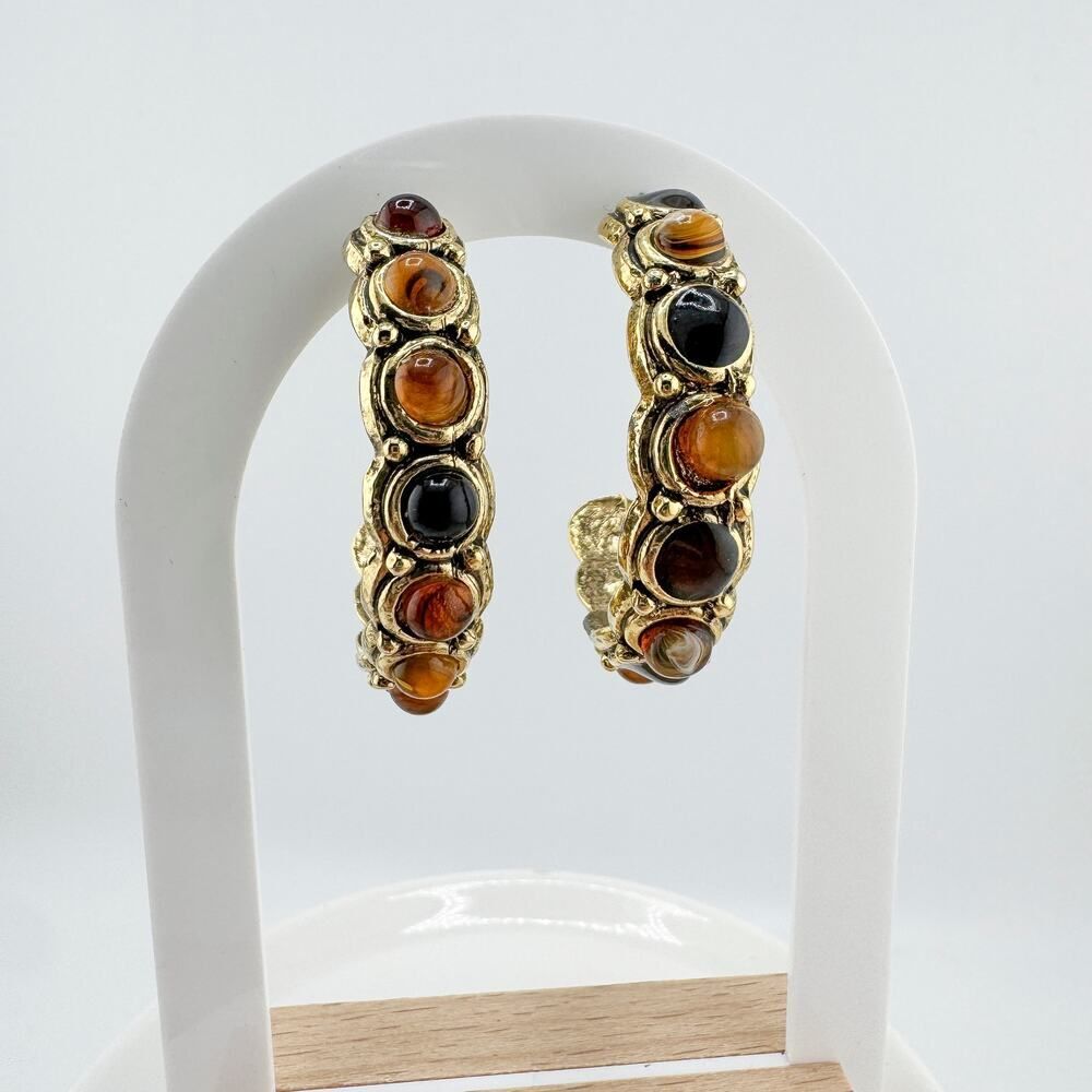 Vintage Cabochon Hoop Earrings Modernist Statement Retro Glam Brown Black